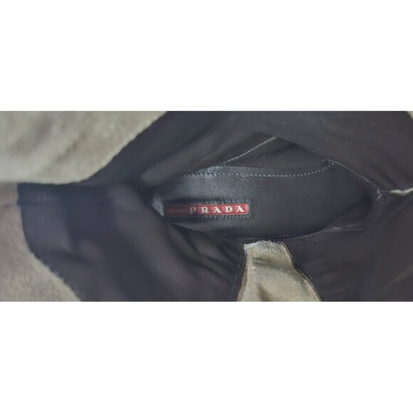 Prada Suede Mid Calf Moto Boots 37.5 Beige Taupe Leather Lined Lug Sole Side Zip - Picture 15 of 15